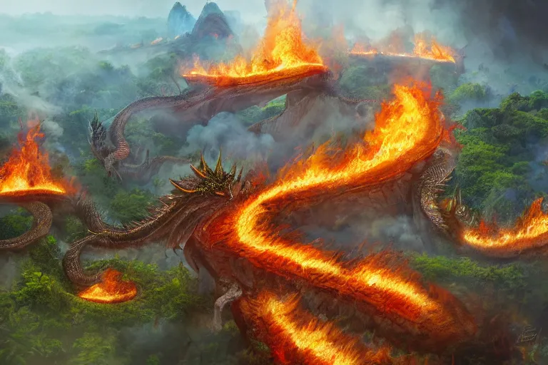 Image similar to horde of dragons burning down amazon rainforest, digital painting, mixed media, trending on artstation and deviantart, epic composition, highly detailed, 8 k