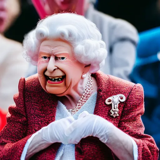 Prompt: elderly woman screaming at queen elizabeth ii as a 1 9 8 0 s wrestling action figure, canon eos r 3, f / 1. 4, iso 2 0 0, 1 / 1 6 0 s, 8 k, raw, unedited, symmetrical balance, wide angle