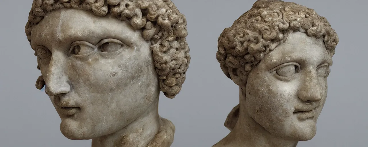 Prompt: ancient roman marble bust of an alien with 6 eyes and antennae