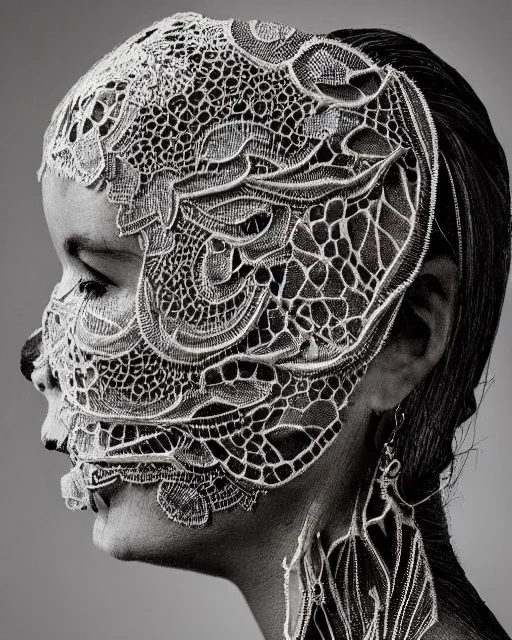 Image similar to a woman's face in profile, made of intricate decorative lace skeleton, in the style of the dutch masters and gregory crewdson, dark and moody