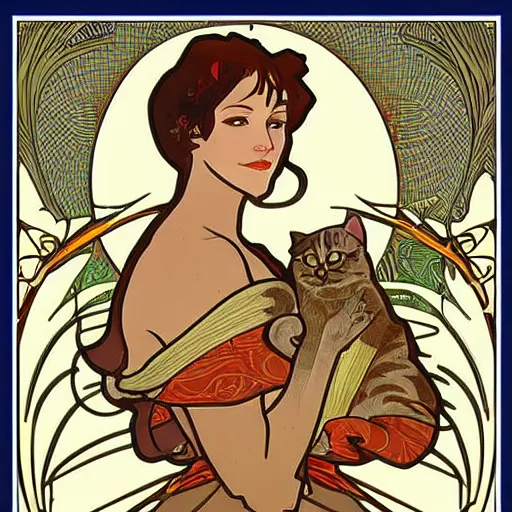 Image similar to a cat in the style of alphonse mucha