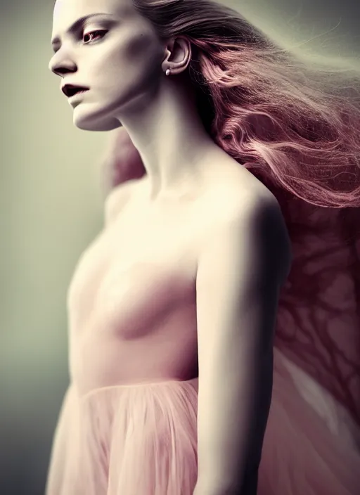 Image similar to portrait photography of a beautiful woman, in fine art photography style of Giovanni Gastel , britt marling style 3/4 , natural color skin pointed in rose, the hair is like stormy clouds, full body dressed with a ethereal transparent voile dress, elegrant, 8K, soft focus, melanchonic soft light, volumetric dramatic lighting, highly detailed Realistic, hyper Refined, Highly Detailed, natural point rose', outdoor soft lighting, soft dramatic lighting colors scheme, soft blur lighting, fine art fashion photography