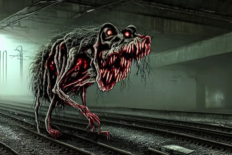 Image similar to very large giant mutant zombie irradiated ( angry rat ) staying on railways in tonnel of moscow subway. tonnel, railways, giant angry rat, furr, fangs, claws, very realistic. fog, silent hill style, extreme long shot, herman nitsch, giger, unreal engine.