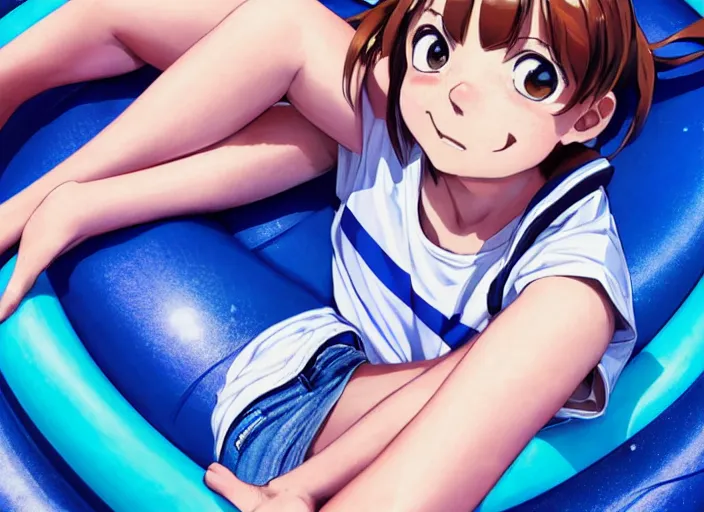 Image similar to closeup portrait of ochaco uraraka from my hero academia relaxing in jeans and a t - shirt on a floating pool chair, sunny, bright, reflections, intricate, sharp focus, lens flare, bloom, illustration, highly detailed, digital painting, concept art, matte, art by ruan jia and wlop and greg rutkowski, masterpiece