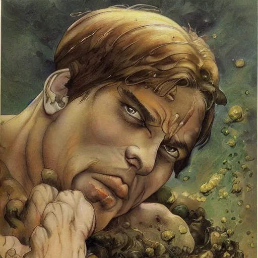 Image similar to tears stream down the face of a man with light brown hair and green eyes. He clutches the ground in agony. By Ayami Kojima, Frank Frazetta, and Anna Dittmann. Masterpiece. Rule of thirds.