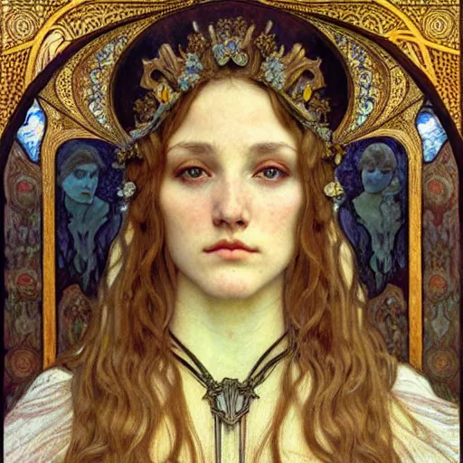 Image similar to detailed realistic beautiful young medieval queen face portrait by jean delville, alphonse mucha, vincent van gogh, and marco mazzoni, art nouveau, symbolist, visionary, gothic, pre - raphaelite