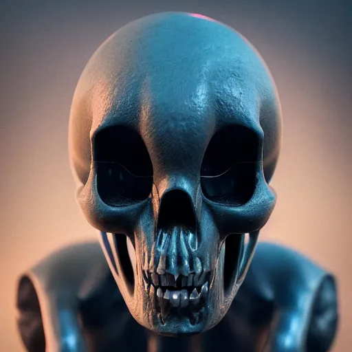 Image similar to an alien creature wearing a skull mask, humanoid shape, full body, photorealistic, 4 k, octane render, cinematic lighting, artistic photography, insanely detailed and intricate