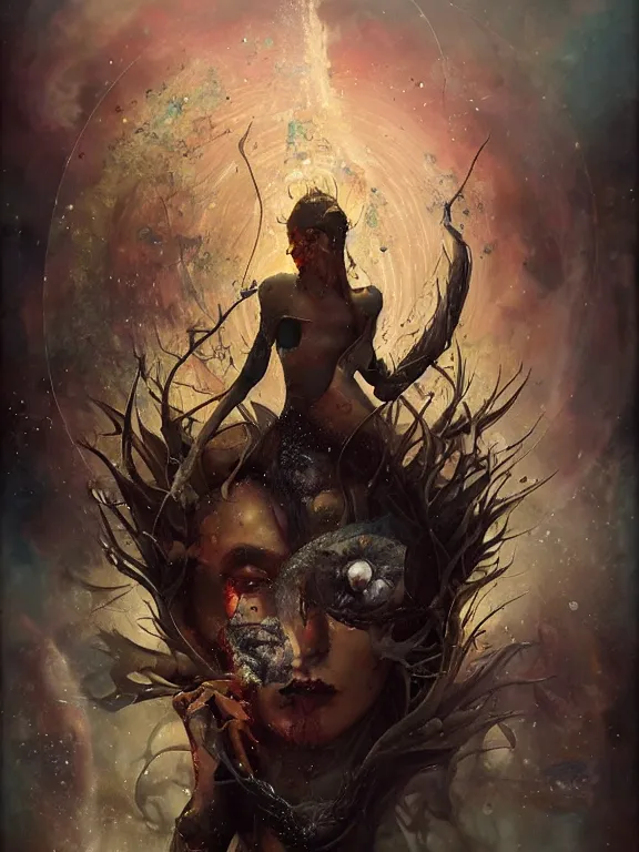 Image similar to a splatterpunk portrait of the contemplation of the universe, hyperrealistic, award-winning, in the style of Tom Bagshaw, Cedric Peyravernay, Peter Mohrbacher