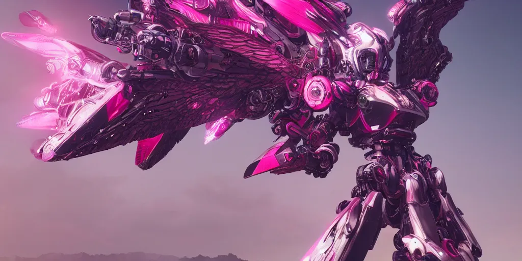 Prompt: a female mecha saints with huge wings flying in the fantasy forest is in pink and red collection by merriam, daniel, intricate mechanical details, futuristic, 2 k aesthetic, dramatic lighting, concept art, 4 k, 3 d octane render, provenance, detailed, trending on artstation