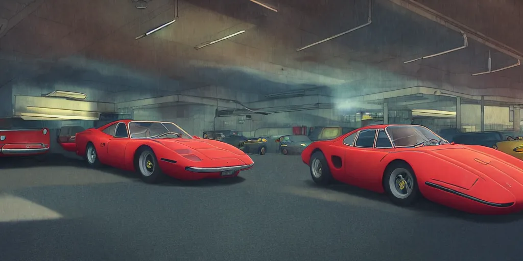Image similar to a wholesome animation key shot of a focused old ferrari car parked in an multi-storey car park, medium shot, waist up, studio Ghibli, Pixar and Disney animation, sharp, very detailed, high resolution, Rendered in Unreal Engine 5, anime key art by Greg Rutkowski, Bloom, dramatic lighting