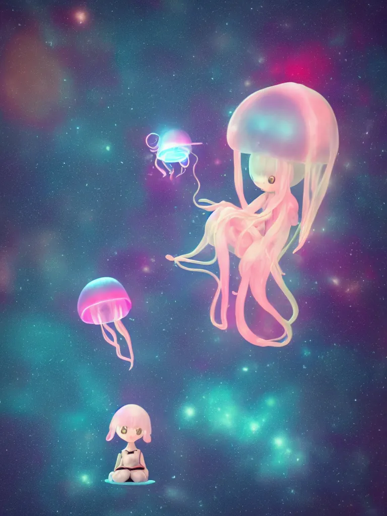 Image similar to cute fumo plush alien jellyfish girl sitting on a small island floating in the dark galactic abyss, vignette, bokeh, vray