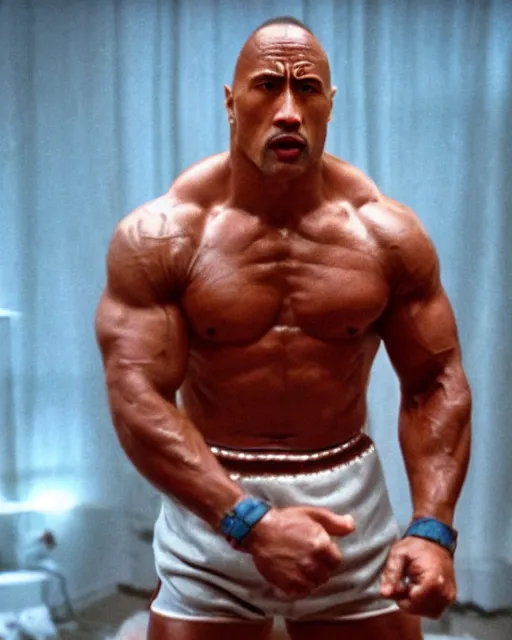 Image similar to Film still close-up shot of Dwayne Johnson as Rocky Balboa from the movie Rocky. Photographic, photography