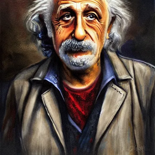 Prompt: homeless einstein portrait