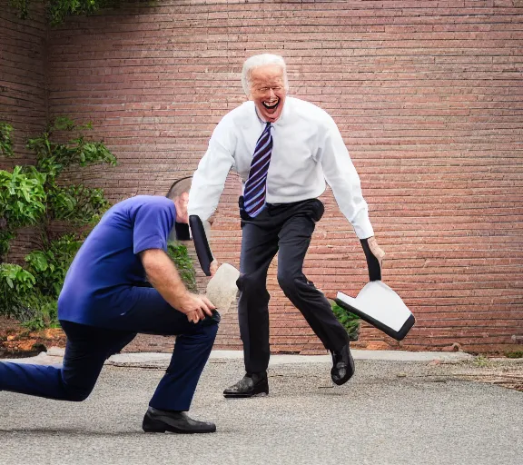 Prompt: color still of joe biden smashing a laptop with a brick, large smile, XF IQ4, 150MP, 50mm, F1.4, ISO 200, 1/160s, natural light