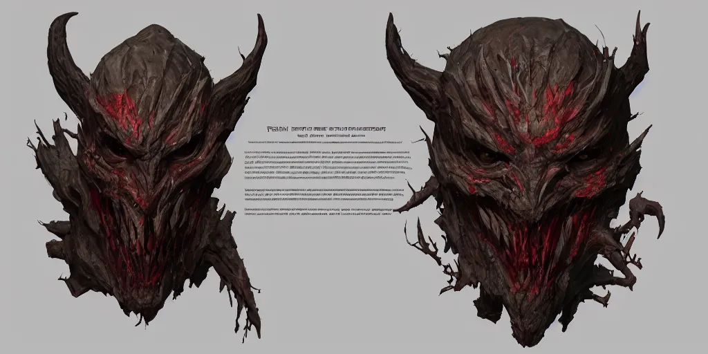 Prompt: flesh and wood mask rogue demon design, character sheet, 3d render, Greg Rutkowski, Zabrocki, Karlkka, Jayison Devadas, Phuoc Quan, trending on Artstation, 8K, ultra wide angle, zenith view, pincushion lens effect