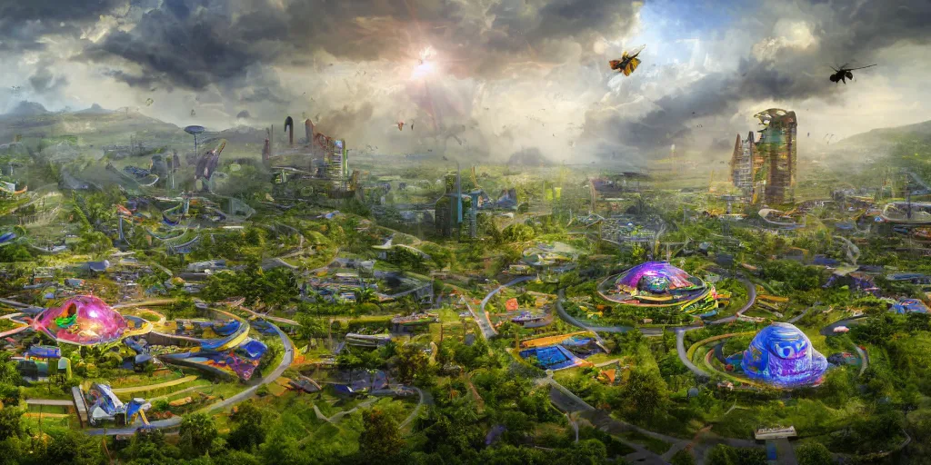 Prompt: central perspective of a smart village with psychedelic solarpunk architecture, big bee, cow, surrounded by lush nature - rays, ray - tracing, cinematic lighting, 8 k smooth, vibrant colors, ambient occlusion, hdr, complex, highly atmospheric lighting, highly detailed, alex grey, greg rutkowski, focus, cinematic, concept art, artstation, trending