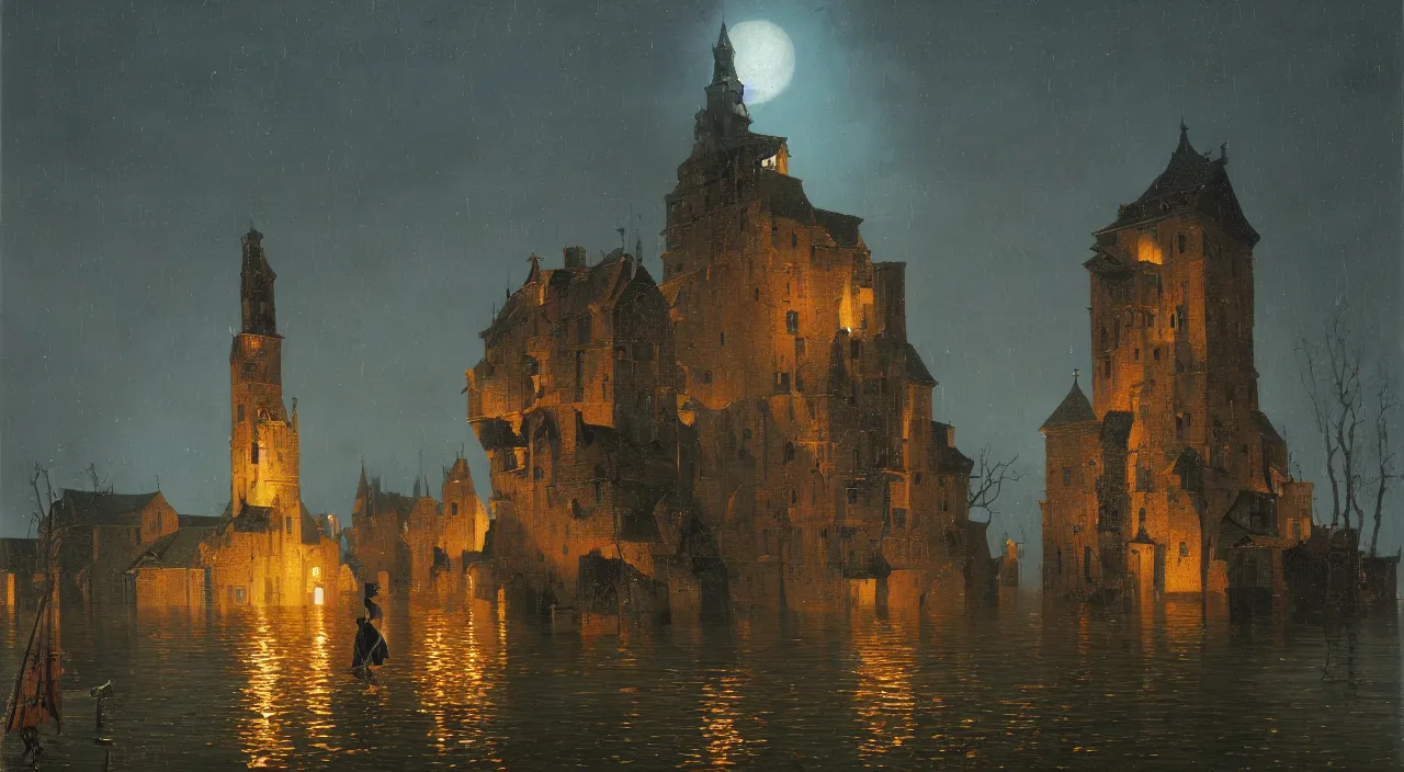 Prompt: an oil painting of a flooded ancient tower at night by greg hildebrandt simon stalenhag carl spitzweg jan van eyck audubon rene magritte max ernst, highly detailed, full-length view, vibrant colors, extremely high contrast!, symmetry, rendered in octane, great composition, high detail, cinematic lighting, award winning masterpiece, trending on artstation