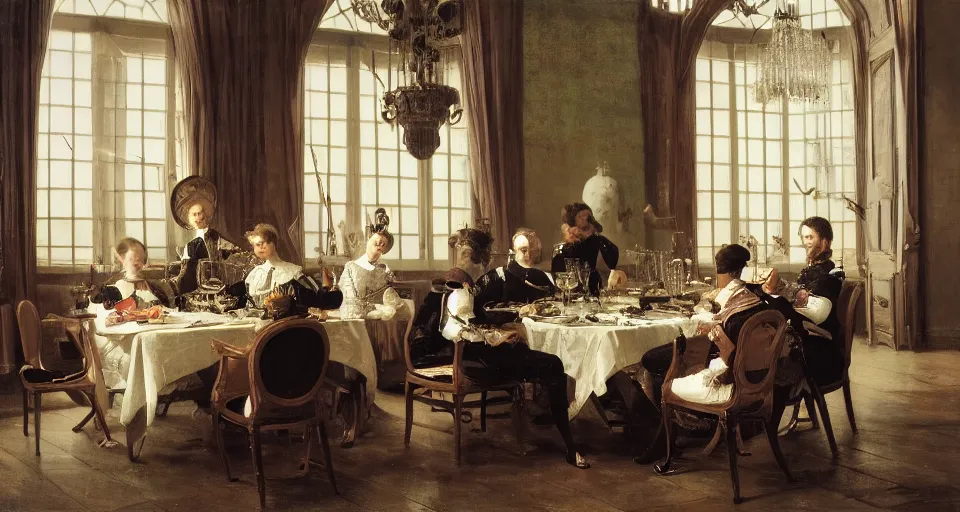 Prompt: Photograph of the view of interior of a comfy intricate luxurious elegant dining room by Willem Cornelisz Duyster, a dapper gentleman by Thomas Eakins and Franz Xaver Winterhalter seated at a table with food and goblet, grand windows of a beautiful Milan city outside by Canaletto, wide long view, f/11 aperture, unreal engine, deviant art, flickr, artstation, octane render, textured, colorful, hyperrealistic, physically based rendering, pbr render, very detailed, volumetric lighting, octane render, 4k, cinematic, 8k resolution,