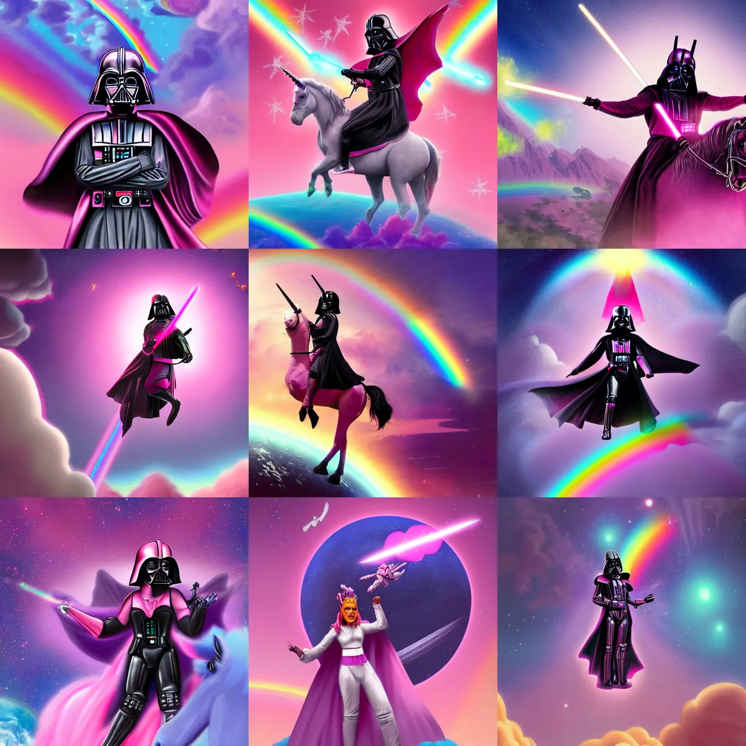 Prompt: beautiful matte painting of a pink darth vader wearing pink riding a unicorn over a rainbow in space by lisa frank, unreal engine, concept art, CGsociety, trending on artstation
