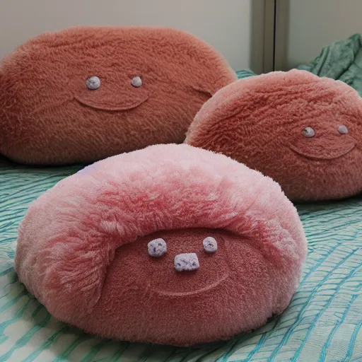 Prompt: bacteria plush, cute fluffy microorganisms covering a cozy bed, cloth worms