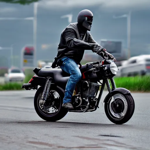 Prompt: terminator riding a unicycle down the highway, side profile, fast moving cars all around, photograph, 4 k