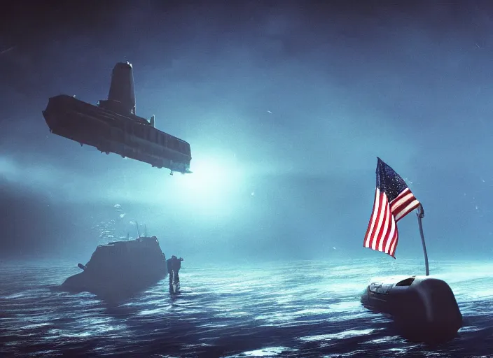 Image similar to astronaut holding a flag in an underwater desert. a submarine is visible in the distance. dark, concept art, cinematic, dramatic, atmospheric, 8 k, trending on artstation, blue, fish, low visibility, fog, ocean floor, christopher nolan, interstellar