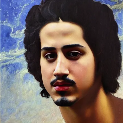 Image similar to Oil painting of the handsome Avan Jogia with angel wings, naturalism, dramatic lighting, high-detailed oil painting by Ilya Repin, Michelangelo da Caravaggio, William Blake, Alex Grey and Beksinski, trending on Artsatio, masterpiece, 4k, 8k,