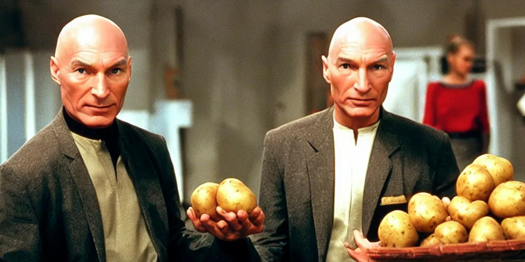 Prompt: a still from a 90s tv show of Captain Picard holding a potato