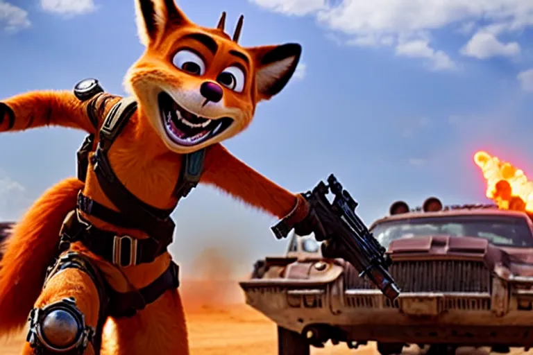 Prompt: nick wilde, heavily armed and armored facing down armageddon in a dark and gritty reboot from the makers of mad max : fury road :