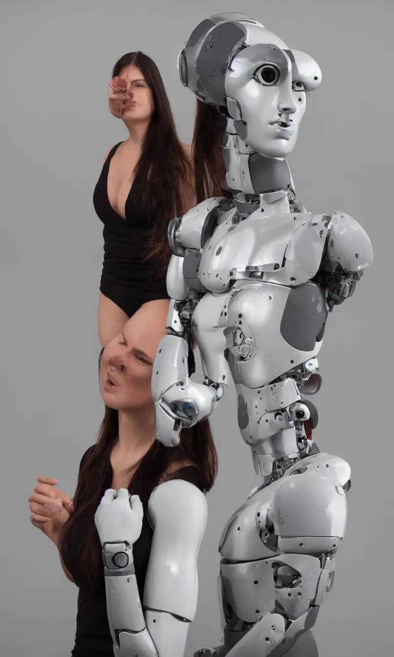 Image similar to full body photo of a woman with human face and robot body, robot body, steel body, human face, cyborg body