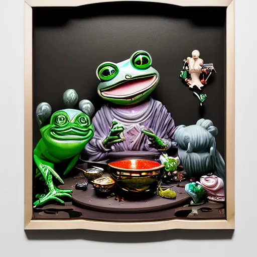 Image similar to plasticine wet shiny angles, crystal, moonlit, mirrors, camera angled dramatically, realistic hyperdetailed design of pepe the frog eating last supper, ferocious, chinese mythology, victo nga, fumo yoshitoshi, ren jing jeong, feifei ruan, peter mohrbacher, takato yamamoto