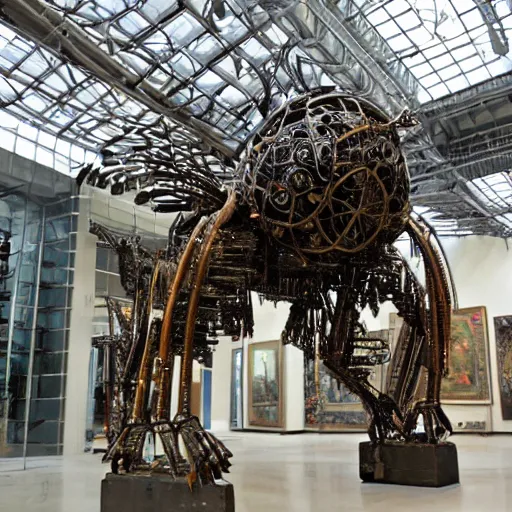 Prompt: a giant insectlike sculpture built from various intricate scrap metal and industrial machine parts, no people, artviewer, it is standing inside og a huge museum hall