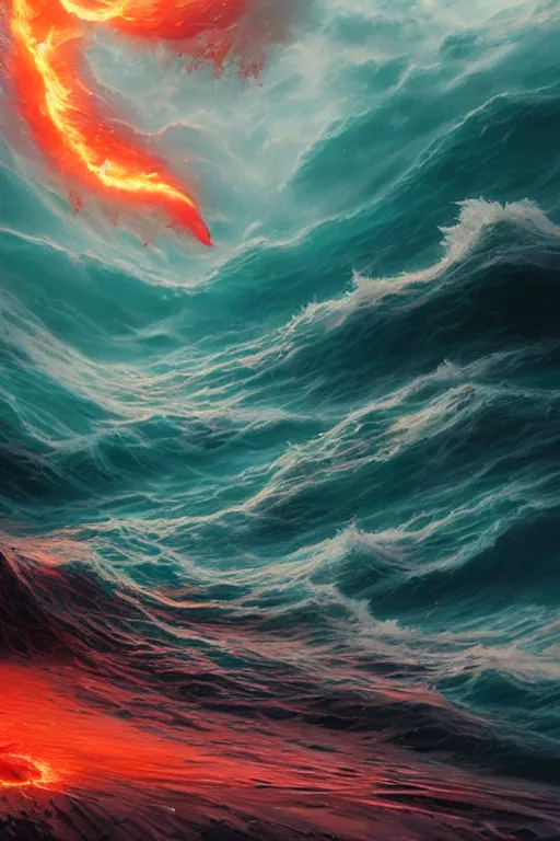 Image similar to Turbulent ocean of blood that catches fire, Stephen Bliss, Greg Rutkowski, Loish, Rhads, ferdinand knab, Makoto Shinkai rossdraws, Tom Bagshaw, global illumination, radiant light, detailed and intricate environment