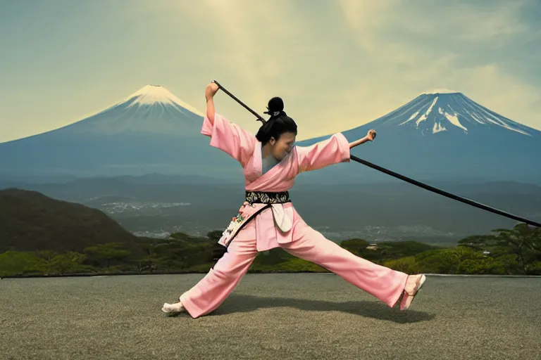 Image similar to beautiful photo of a geisha samurai warrior, mt fuji in the background, mid action swing, muted pastels, action photography, 1 / 1 2 5 shutter speed, back lit lighting