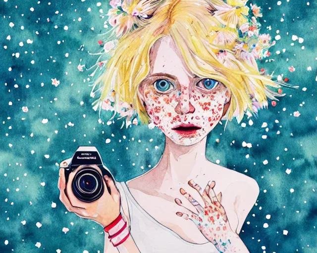 Image similar to pale young woman with bright blonde hair, freckles, big bright eyes and a very wide face, flowery dress, she is holding a professional dslr camera close to her face with her hands, expressive, surrealism, emotional bright watercolor art on white background by conrad roset
