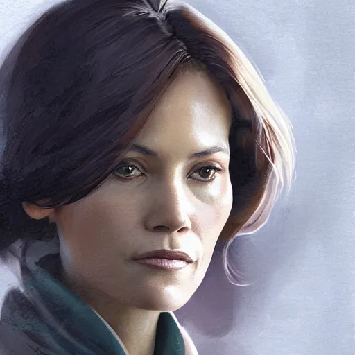 Image similar to maci holloway in a political meeting, first woman elected as president in usa, cold but beautiful, about 3 5 years old, highly detailed, mix of halle berry and julia roberts, gong li, olga kurylenko, artstation hd, deviantart, by artgem, greg rutkowski