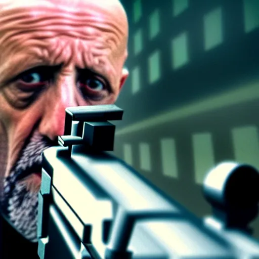 Image similar to Film still of Mike Ehrmantraut aiming a !!!sniper rifle!!!, 4k, !!highly detailed!!