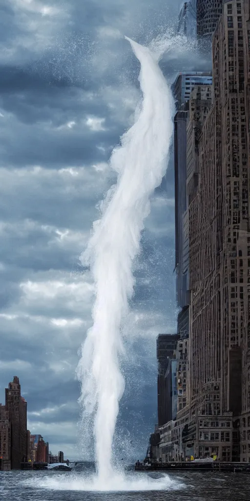 Image similar to water tornado in new york, powerful, destruction, ultra realistic photorealistic, highly detailed, sharp focus