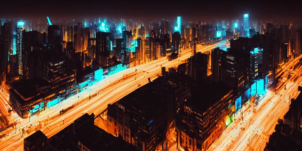 Prompt: giant illuminated billboards, megacity streets seen from above, neon signs, eerie fog, blade runner, ex machina