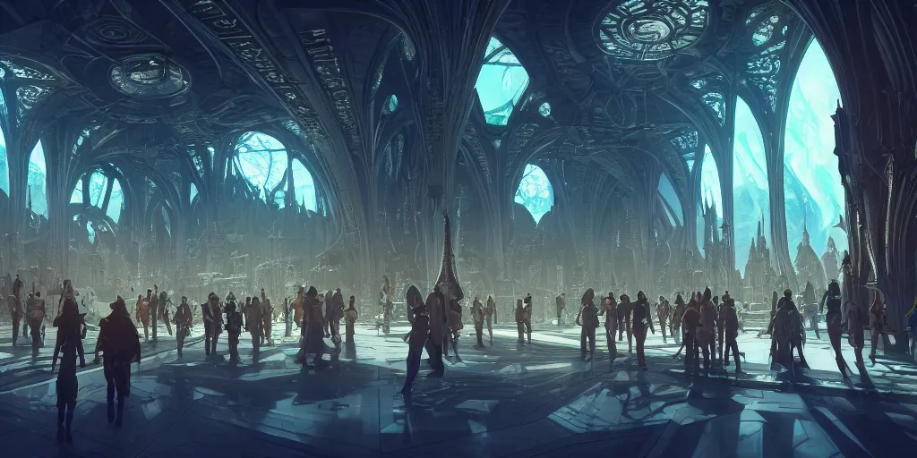 Prompt: cel shaded cinematic shot of the interior of a sci-fi space station with ornate Elven architecture bustling with people and flying cars, epic castle, gothic architecture, emerald, crystalline, detailed illustration, sharp focus, concept art, unreal engine, octane render, god rays