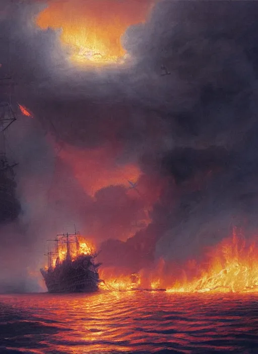 Image similar to painting of a ship burning in heavy flames in the middle of the ocean, a detailed matte painting by vilhelm lundstrøm, cgsociety, neo - romanticism, chillwave, matte drawing, official art