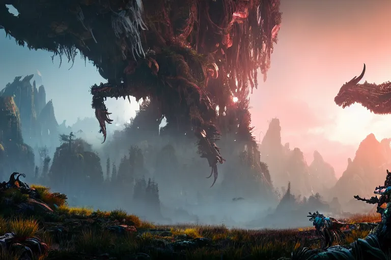 Image similar to wide epic shot from horizon forbidden west. a hyper detailed organic mechanic creatuve realistic similar look as horizon forbidden west horizon zero dawn, bioluminiscence in a dark deep forest at dawn in spring, with reflection and textures, by kilian eng, substance painter reaslitic mech surface metal painted scratches, world env from horizon forbidden west horizon zero dawn