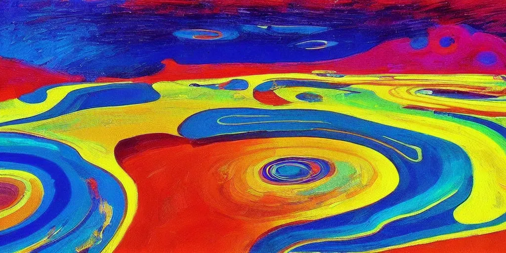 Image similar to Psychedelic sci-fi dreamworld. Landscape painting. Organic. Winding rushing water. Waves. Clouds. Wayne Thiebaud. Peter Max.