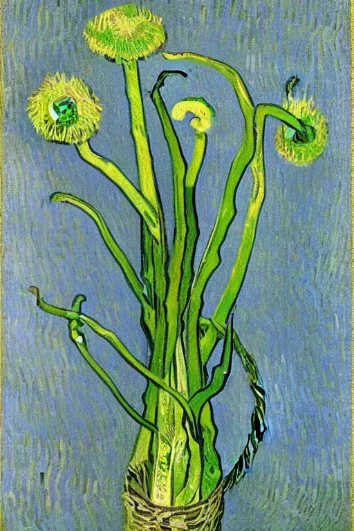 Image similar to Fiddleheads, painted by Vincent Van Gogh (1890), oil on canvas, detailed brushstrokes