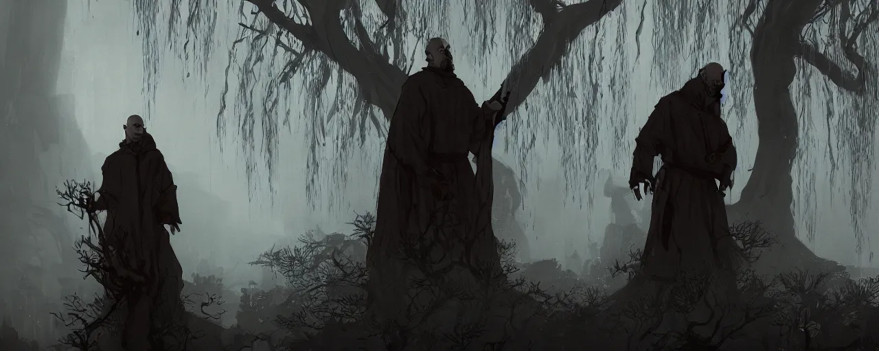 Image similar to duotone noir illustration close up of bald merchant demon in midair among willow tree in medieval brown tunic. foggy evening. dynamic dark dream atmosphere with volumetric hellish lighting, by sachin teng and sergey kolesov and ruan jia and heng z. graffiti art, scifi, fantasy, hyper detailed. octane render. concept art. trending on artstation