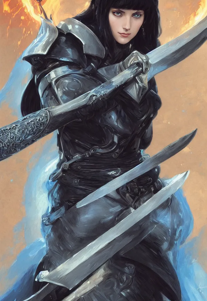 Image similar to portrait of a woman dressed in plate armor with black hair and blue eyes wielding a greatsword, elegant, digital illustration, fire magic, detailed, intricate, sharp focus, digital painting, deep focus, digital painting, artstation, concept art, matte, art by artgerm and greg rutkowski and alphonse mucha