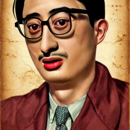 Image similar to A 1950s Colorized Style Poster of Filthy Frank, grainy, realistic, hyperrealistic, very realistic, very very realistic, highly detailed, very detailed, extremely detailed, detailed, digital art, trending on artstation, detailed face, very detailed face, very detailed face, realism, HD Quality, 8k resolution, intricate details, body and head in frame, drawing, inked drawing, poster drawing, neat drawing, 1950s, 50s, in the style of Frank Hampson, in the style of Frank Bellamy, in the style of Dave Gibbons, in the style of Don Lawrence, in the style of Wally Wood, Colorized, 1950s Poster