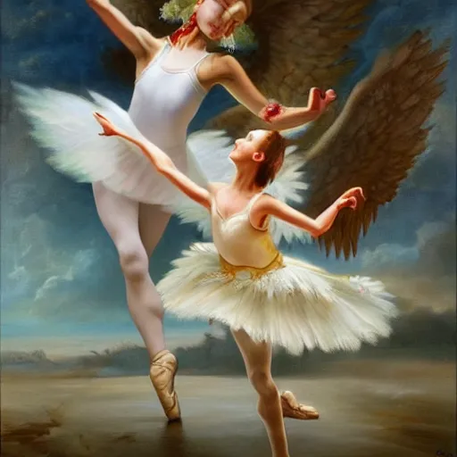 Image similar to a stunning oil painting of an angel ballerina facing off against a demon ballerina in an epic battle