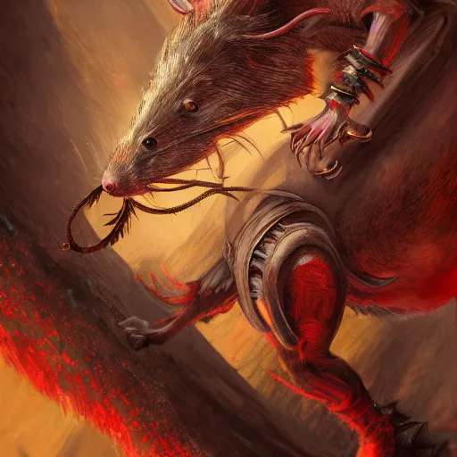 Image similar to anthropomorphized rat musketeer challenging gigantic beast, concept art, insanely detailed and intricate, hypermaximalist, elegant, ornate, hyper realistic, super detailed, tribal red atmosphere, art deco, cinematic, trending on artstation, magic the gathering artwork, cinematic, dramatic artwork