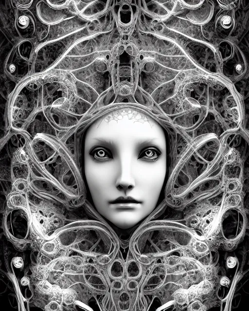 Prompt: mythical dreamy black and white organic bio - mechanical spinal ribbed profile face portrait detail of translucent steampunk beautiful intricated monochrome angelic - human - queen - vegetal - cyborg, highly detailed, intricate translucent ivy jelly ornate, poetic, translucent roses ornate, 3 d render, digital art, octane render, 8 k artistic lithography